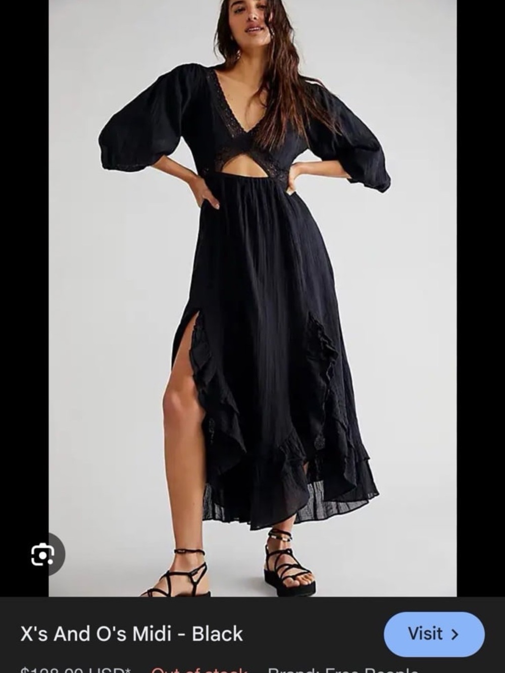 Free People Black Cutout Midi Dress with Puff Sleeves